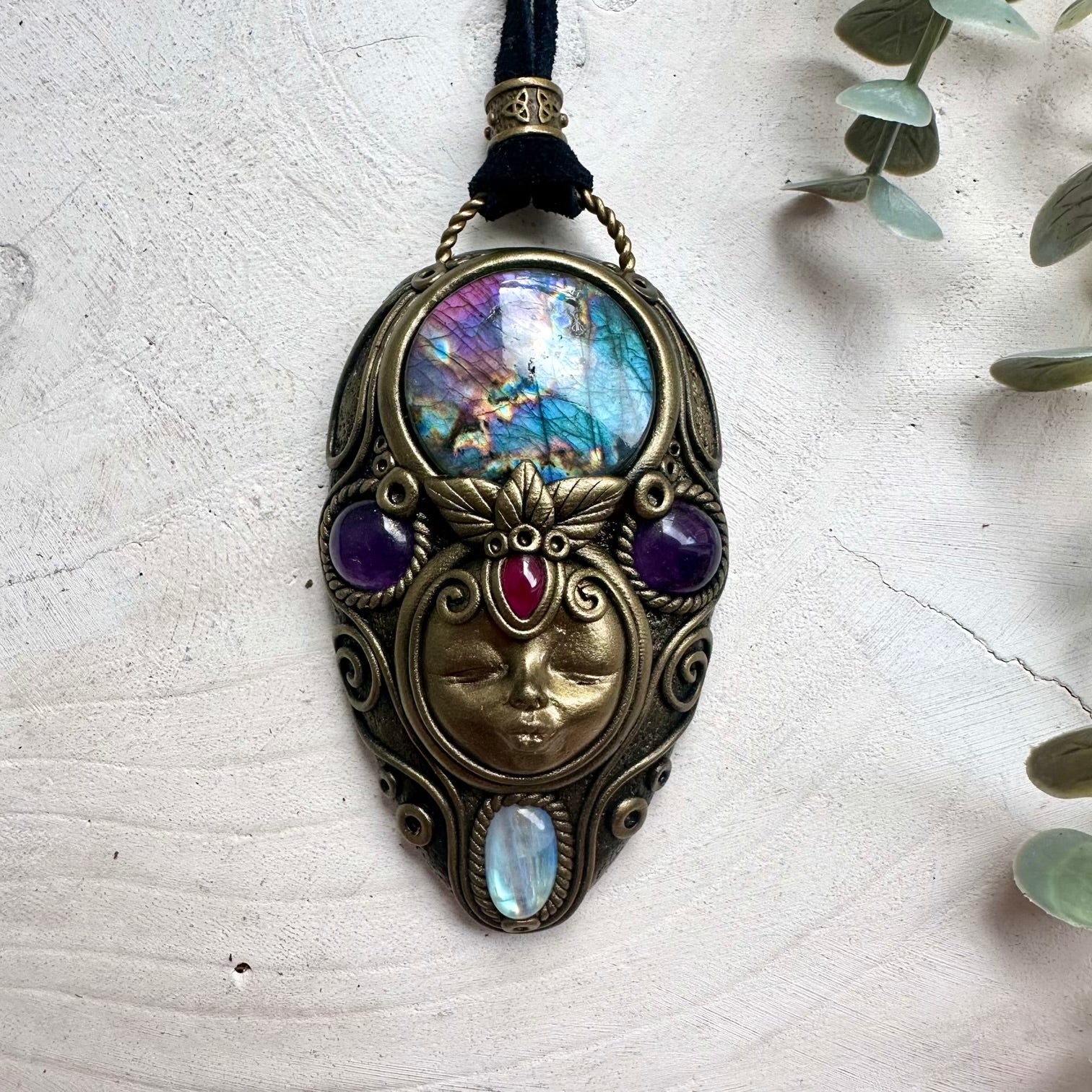 Labradorite Goddess Necklace with Rainbow Moonstone, Amethyst & Garnet – Spiritual Crystal Jewelry