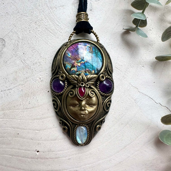 Labradorite Goddess Necklace with Rainbow Moonstone, Amethyst & Garnet – Spiritual Crystal Jewelry