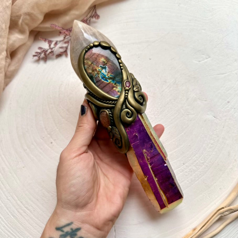 Labradorite, Ruby and Sunset Aura Quartz healing crystal wand