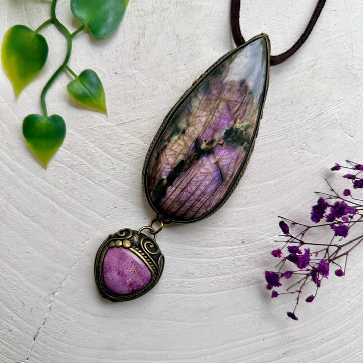 Large Labradorite and Stichtite Pendant Necklace, Statement Gemstone Jewelry FairyGardenGlow