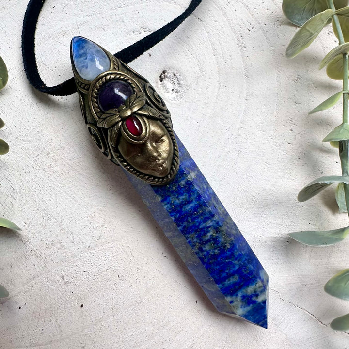 Lapis Lazuli Goddess Wand Necklace with Moonstone, Amethyst & Garnet – Healing Crystal Jewelry