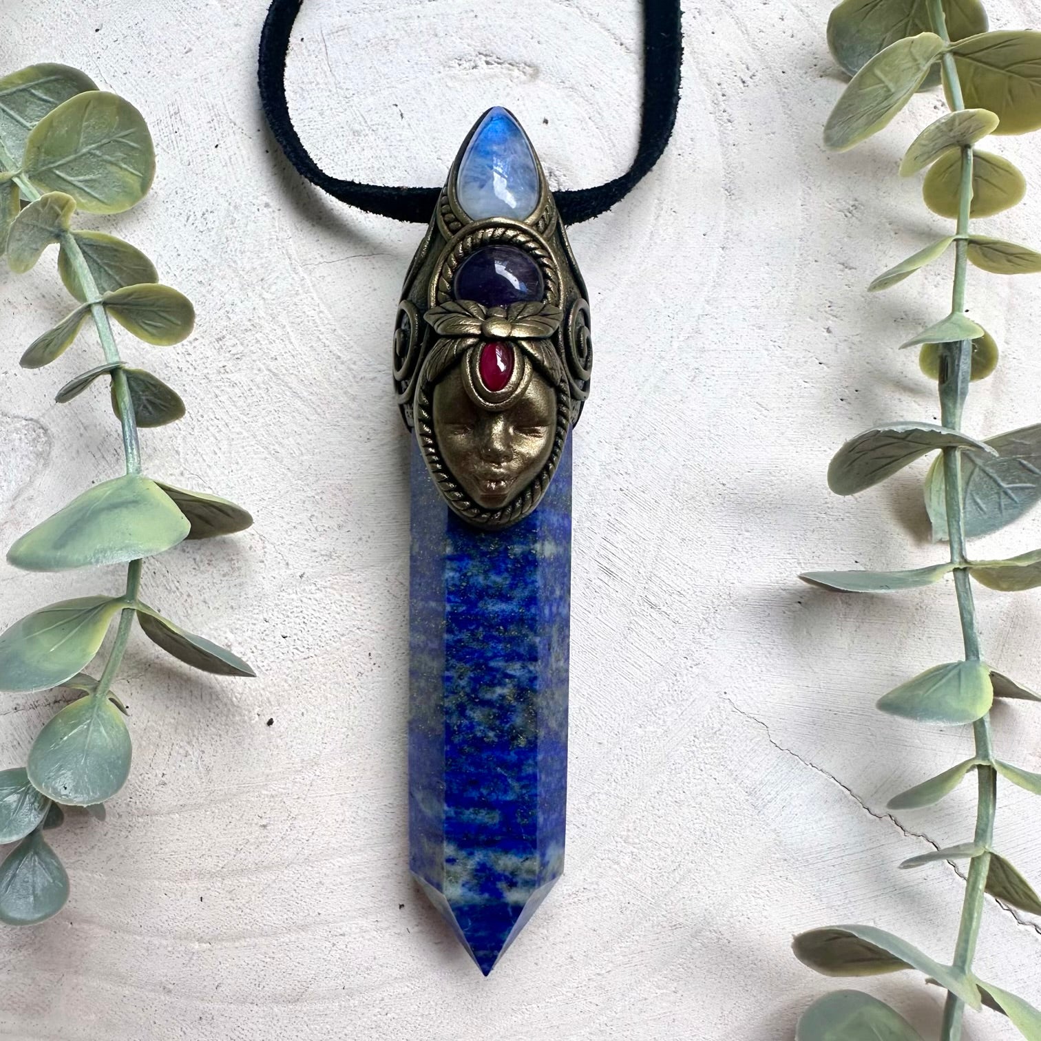 Handmade Goddess Crystal Wand Pendant – Lapis Lazuli, Rainbow Moonstone & Rhodolite Garnet Jewelry
