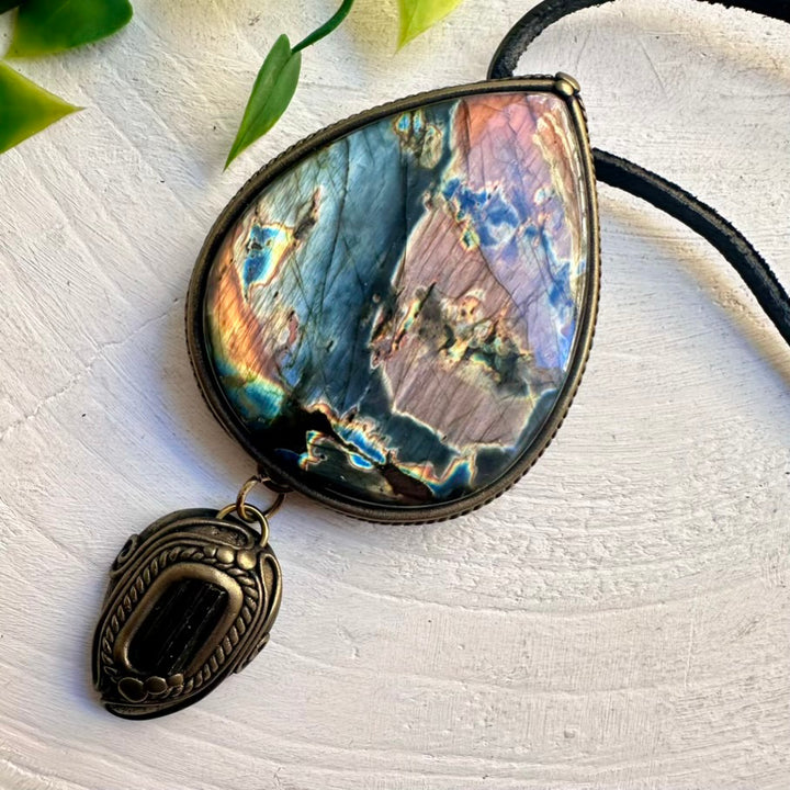 Large Labradorite and Black Tourmaline necklace – statement gemstone jewelry