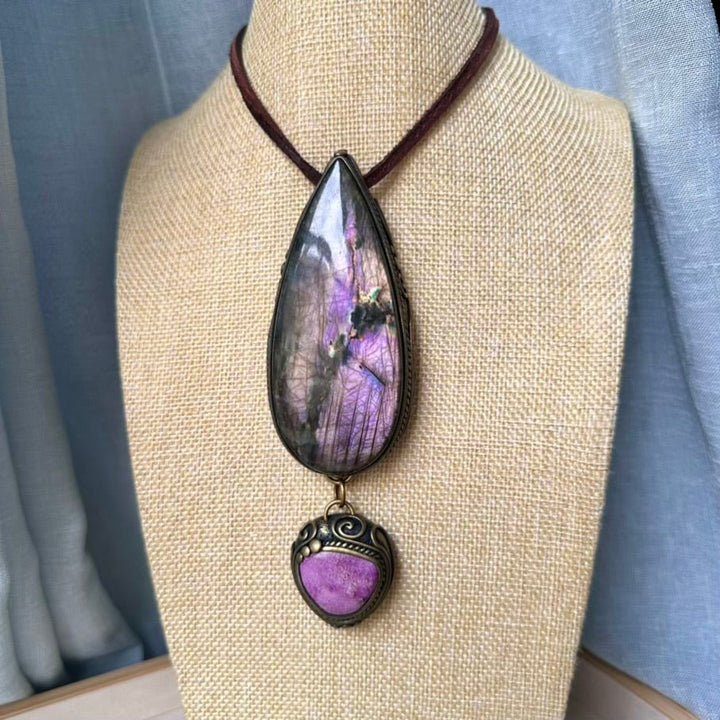 Large Labradorite and Stichtite Pendant Necklace, Statement Gemstone Jewelry FairyGardenGlow