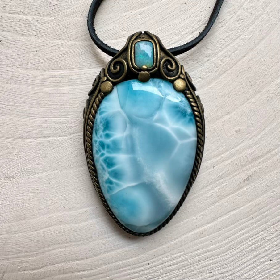 Large Larimar and Australian Opal Crystal Necklace, Unique Gemstone Jewelry FairyGardenGlow