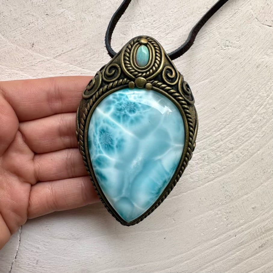 Large Larimar and Australian Opal Crystal Necklace, Unique Gemstone Pendant FairyGardenGlow