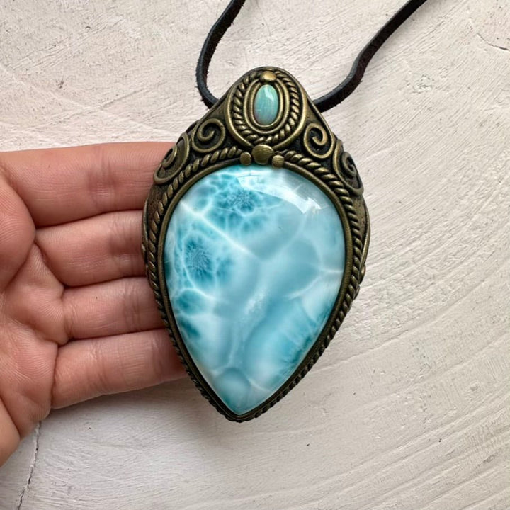 Large Larimar and Australian Opal Crystal Necklace, Unique Gemstone Pendant FairyGardenGlow
