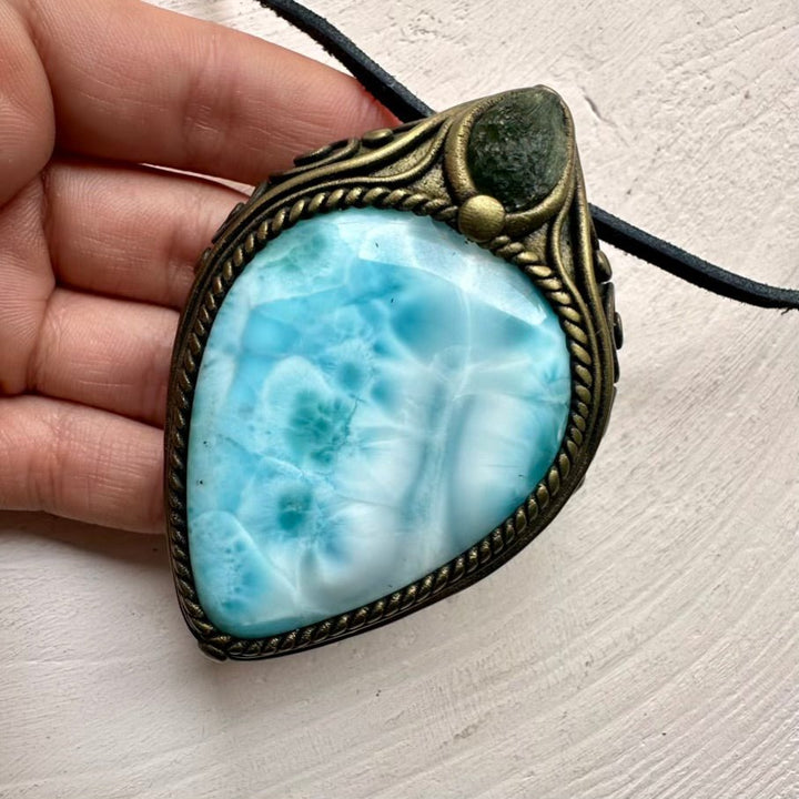 Large Larimar and Moldavite Pendant Necklace, Healing Crystal Jewelry FairyGardenGlow