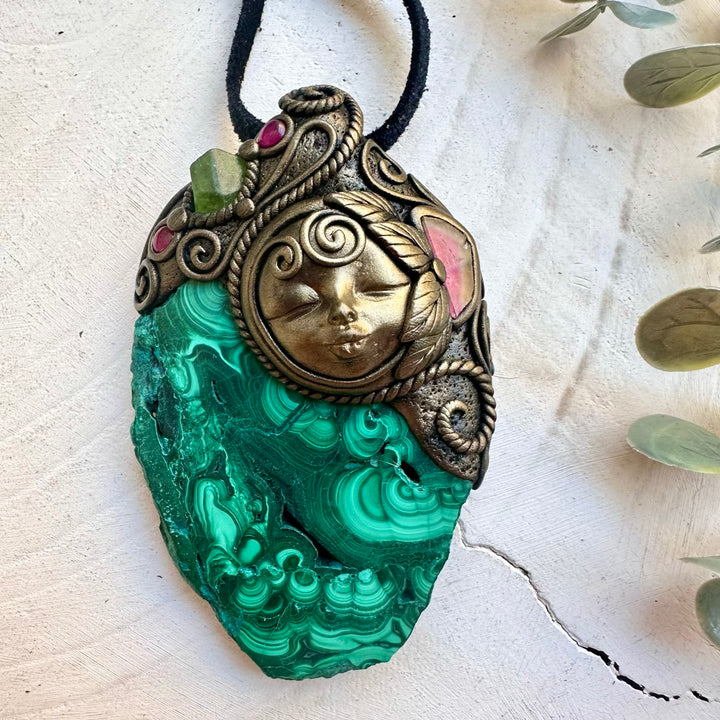 Large Malachite Healing Crystal Necklace – Watermelon Tourmaline, Peridot & Rhodolite Garnet Pendant