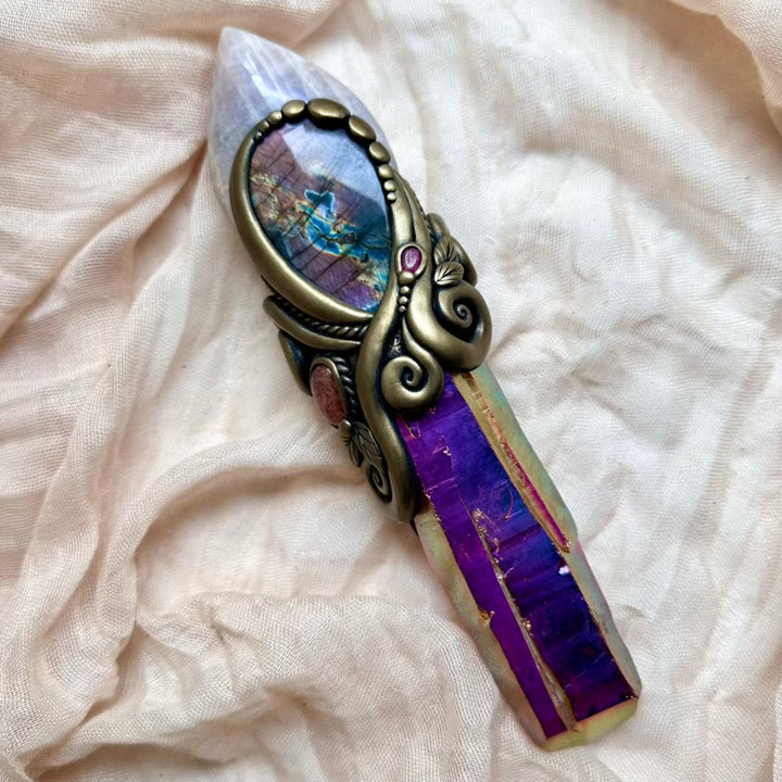 Large Sunset Aura Quartz wand with Moonstone flame and Sunstone