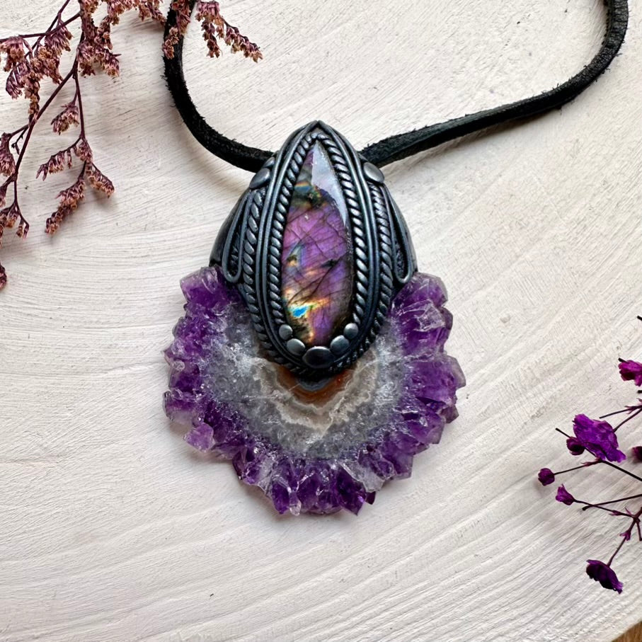 Large deep purple Amethyst Stalactite and Purple Labradorite necklace – handmade spiritual jewelry