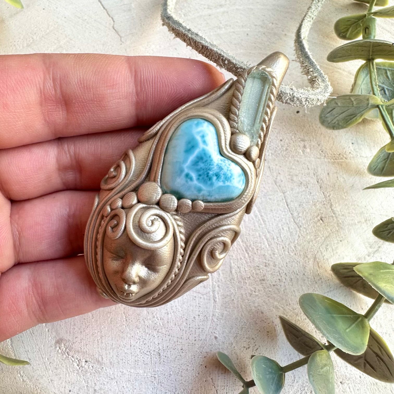 Larimar Heart & Aquamarine Goddess Necklace – Boho Crystal Healing Necklace, Ocean Protection Amulet Jewelry