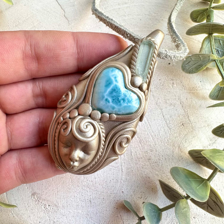Larimar Heart & Aquamarine Goddess Necklace – Boho Crystal Healing Necklace, Ocean Protection Amulet Jewelry