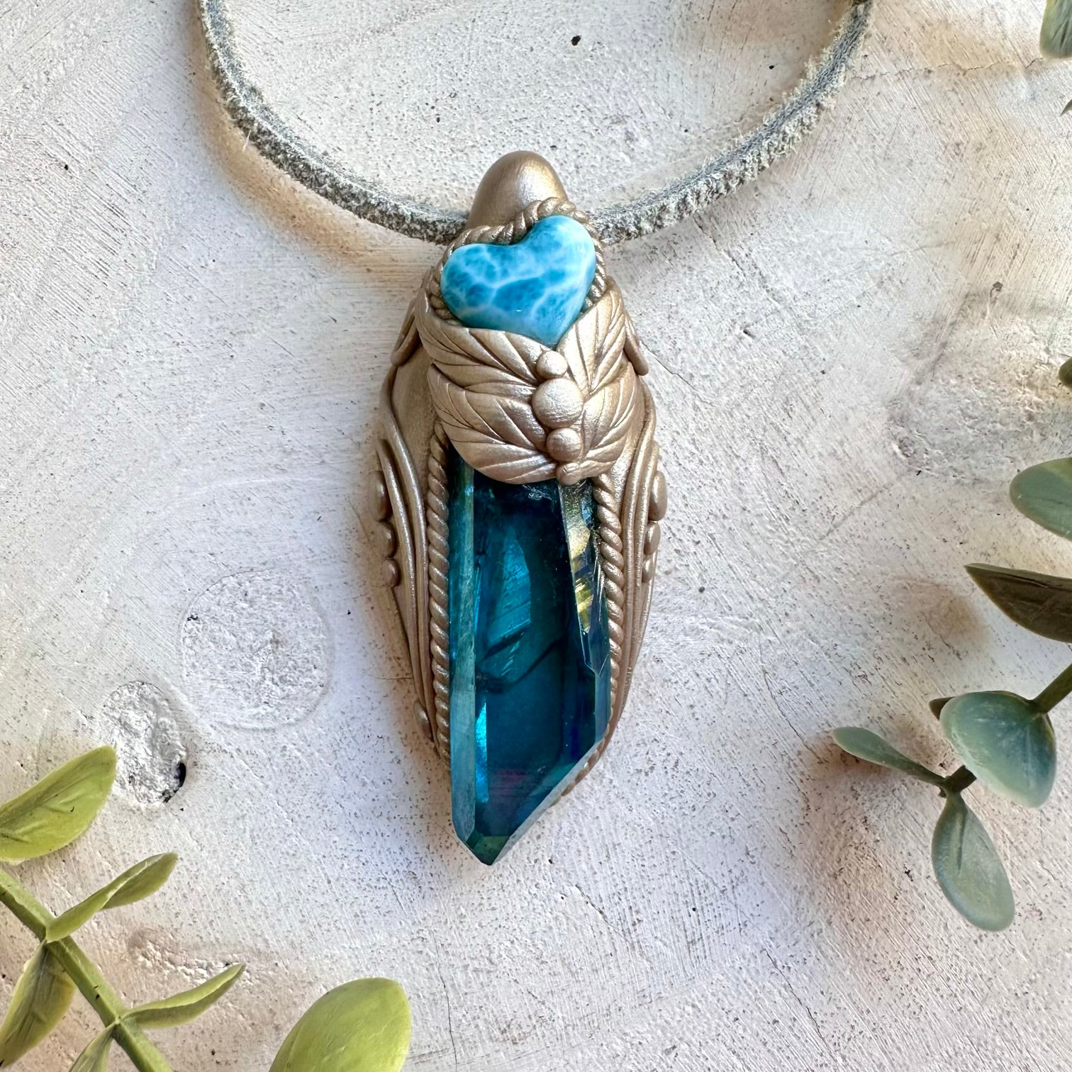 Larimar Heart Necklace with Aqua Aura Quartz – Ocean Energy Crystal Jewelry