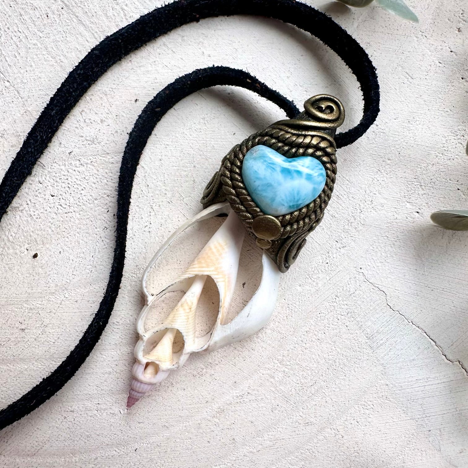 Larimar Heart and Seashell Slice Necklace – Healing Crystal Jewelry, Ocean Energy Pendant