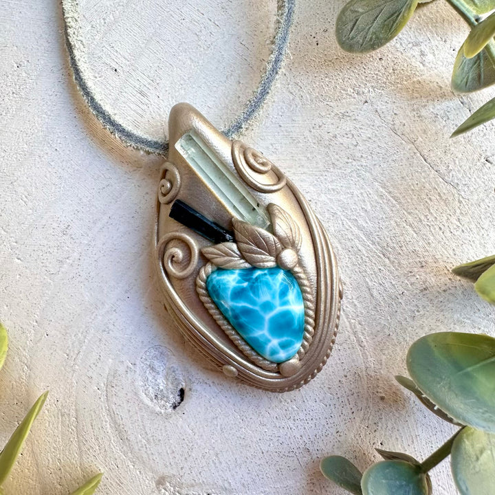 Larimar Necklace with Aquamarine & Blue Tourmaline – Healing Crystal Jewelry, Ocean Energy Pendant