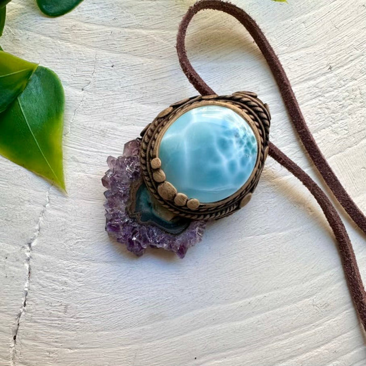 Larimar and Amethyst Stalactite Necklace, Unique Healing Crystal Jewelry - FairyGardenGlow