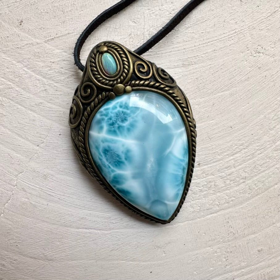 Large Larimar and Australian Opal Crystal Necklace, Unique Gemstone Pendant FairyGardenGlow