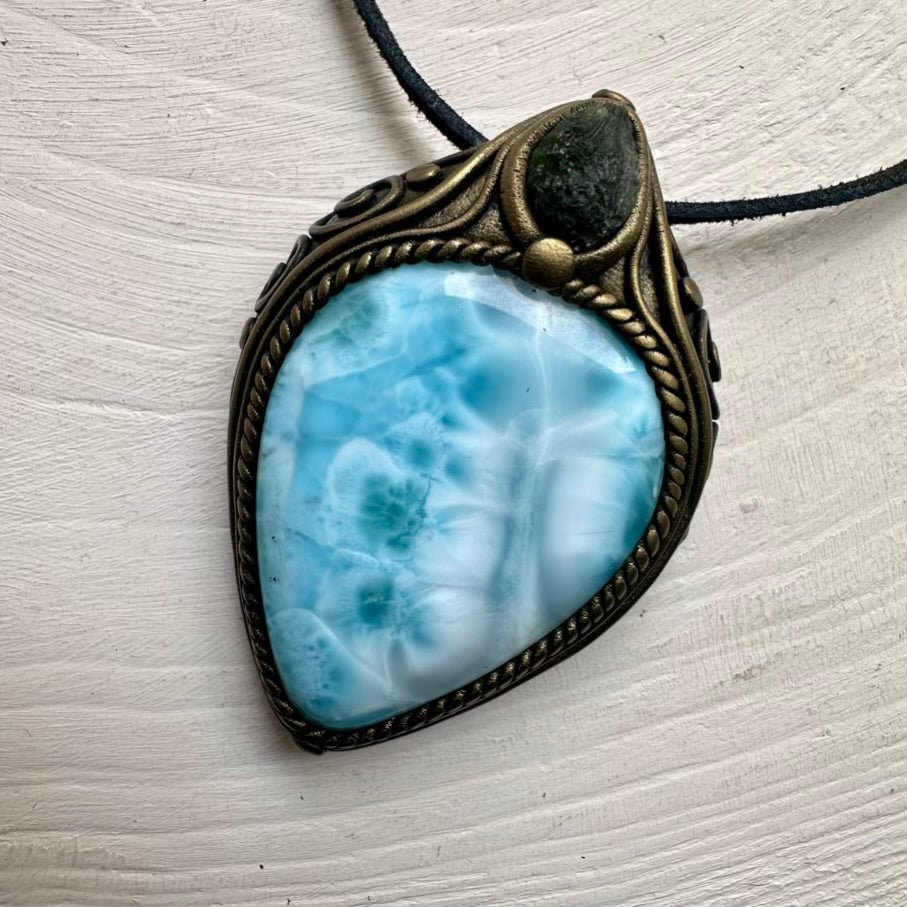Large Larimar and Moldavite Pendant Necklace, Healing Crystal Jewelry FairyGardenGlow