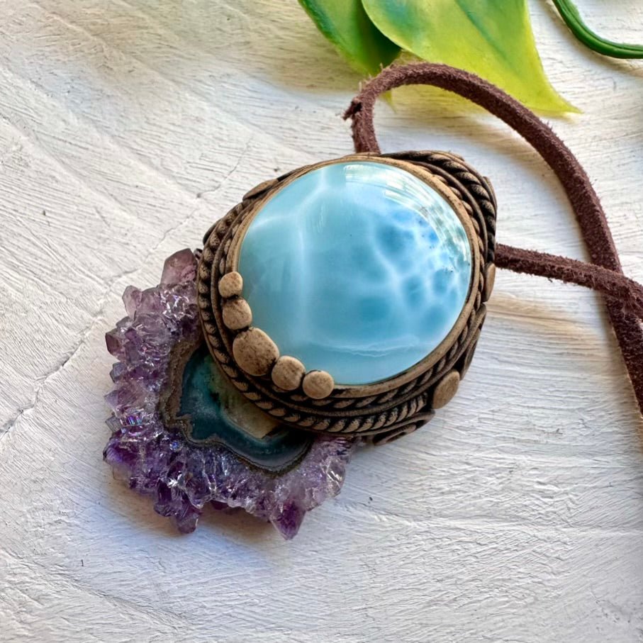 Larimar and Amethyst Stalactite Necklace, Unique Healing Crystal Jewelry - FairyGardenGlow