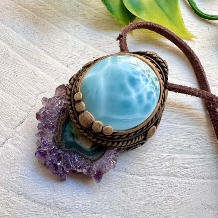 Larimar and Amethyst Stalactite Necklace, Unique Healing Crystal Jewelry - FairyGardenGlow