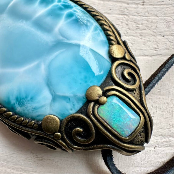 Large Larimar and Australian Opal Crystal Necklace, Unique Gemstone Jewelry FairyGardenGlow