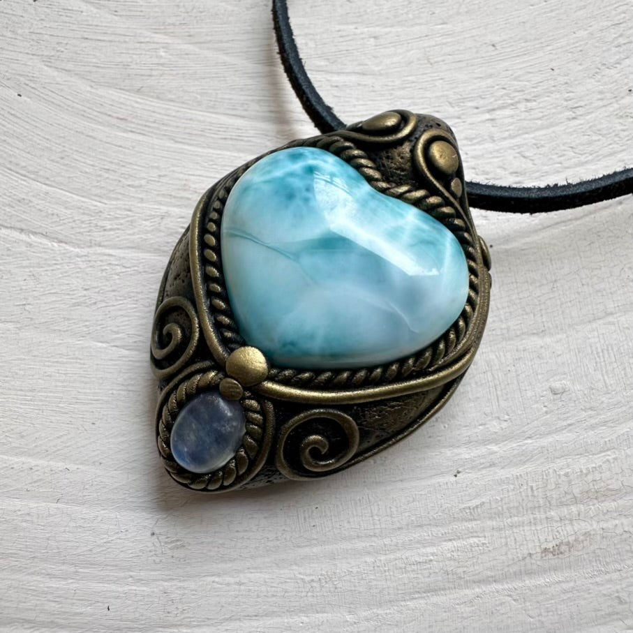 Larimar Heart and Moonstone Necklace FairyGardenGlow