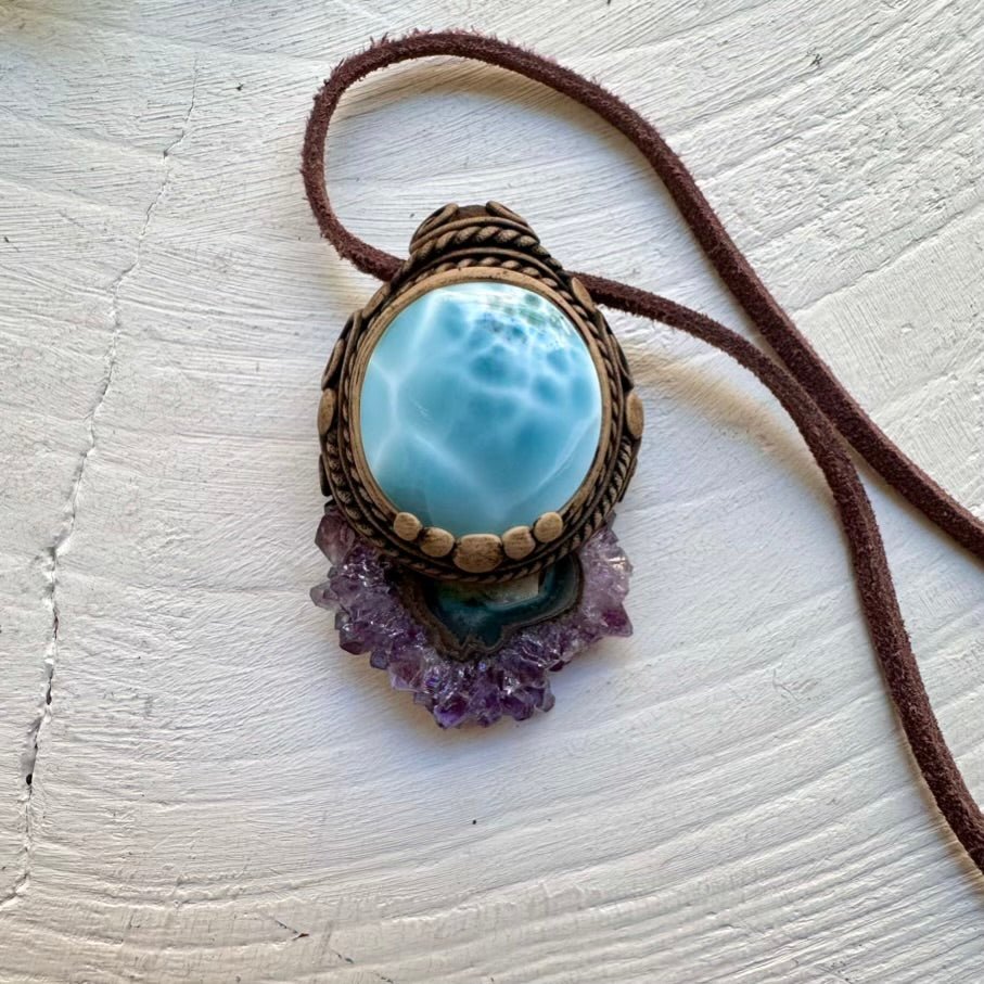Larimar and Amethyst Stalactite Necklace, Unique Healing Crystal Jewelry - FairyGardenGlow