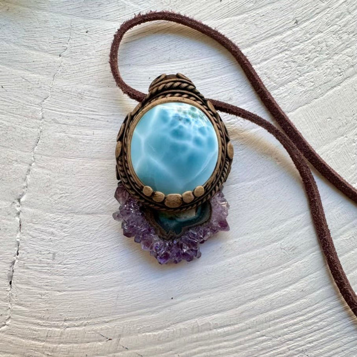 Larimar and Amethyst Stalactite Necklace, Unique Healing Crystal Jewelry - FairyGardenGlow
