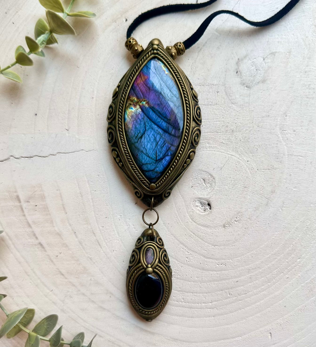 Handmade statement crystal necklace featuring a Gorgeous Large Labradorite with Amethyst and Boulder Opal, a one of a kind crystal talisman designed for intuition, creativity, emotional balance and spiritual transformation.