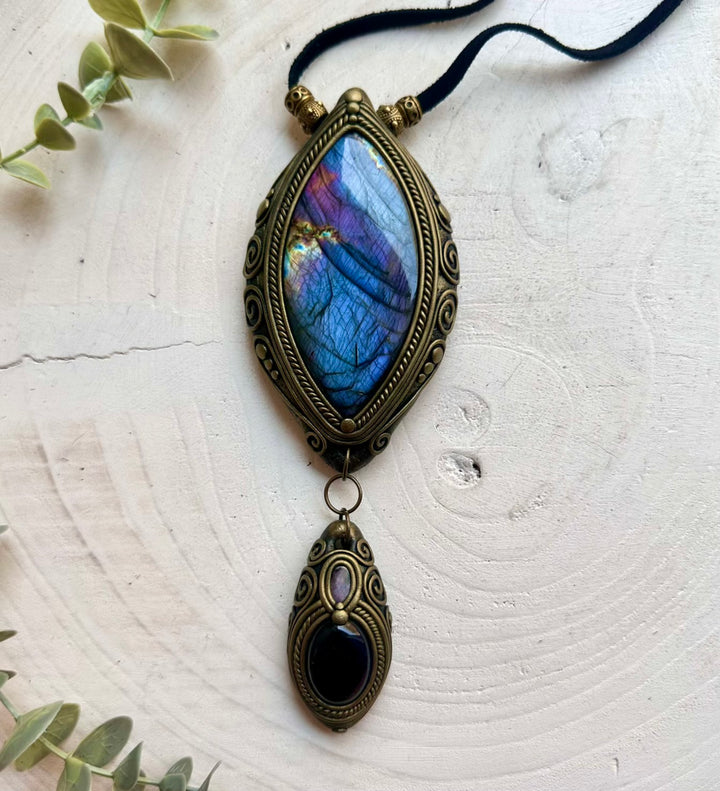 Handmade statement crystal necklace featuring a Gorgeous Large Labradorite with Amethyst and Boulder Opal, a one of a kind crystal talisman designed for intuition, creativity, emotional balance and spiritual transformation.