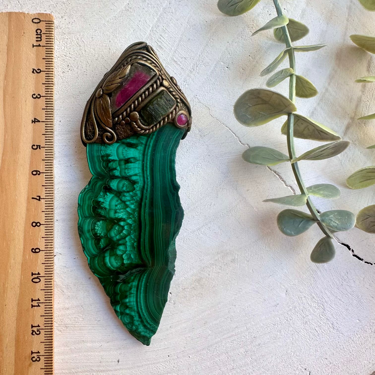 Malachite moldavite and tourmaline healing crystal wand necklace