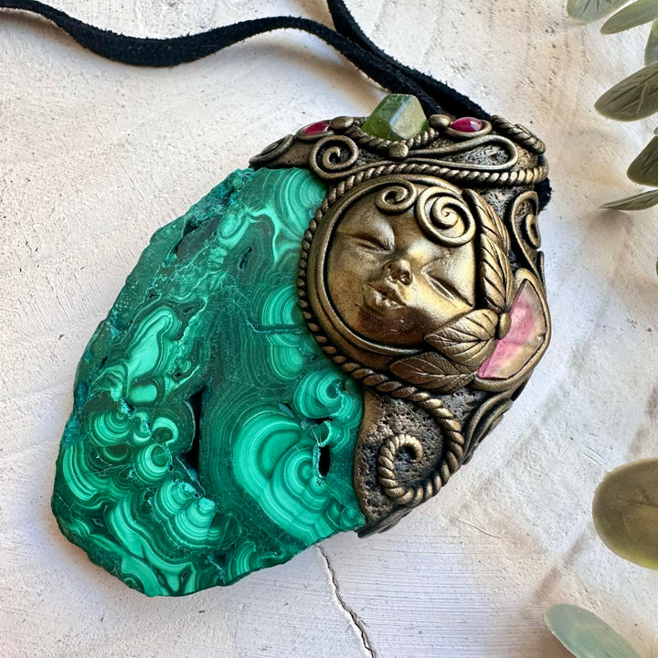 Manifestation & Protection Amulet Necklace – Malachite, Peridot, Tourmaline & Garnet Jewelry