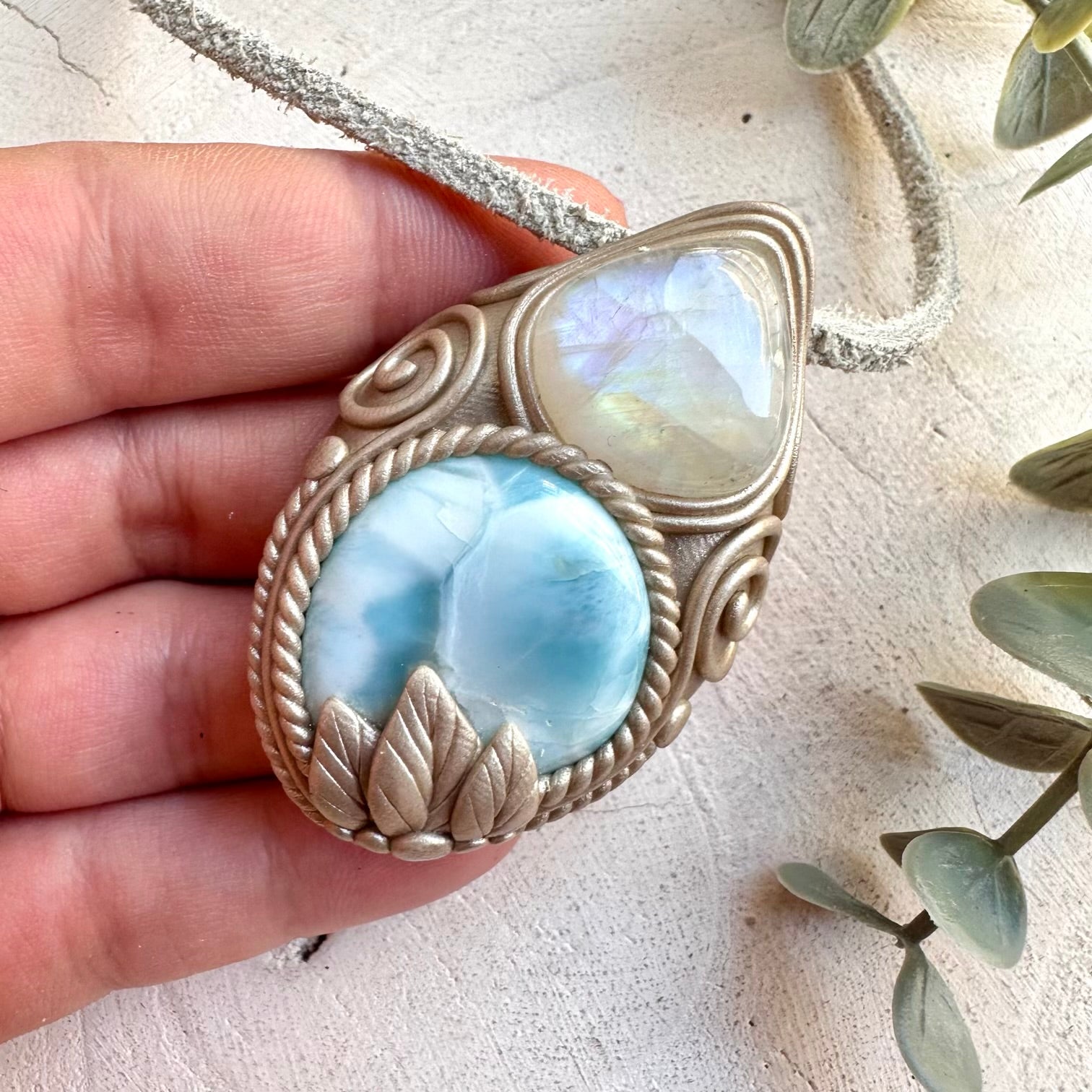 Metaphysical boho jewelry larimar rainbow moonstone necklace