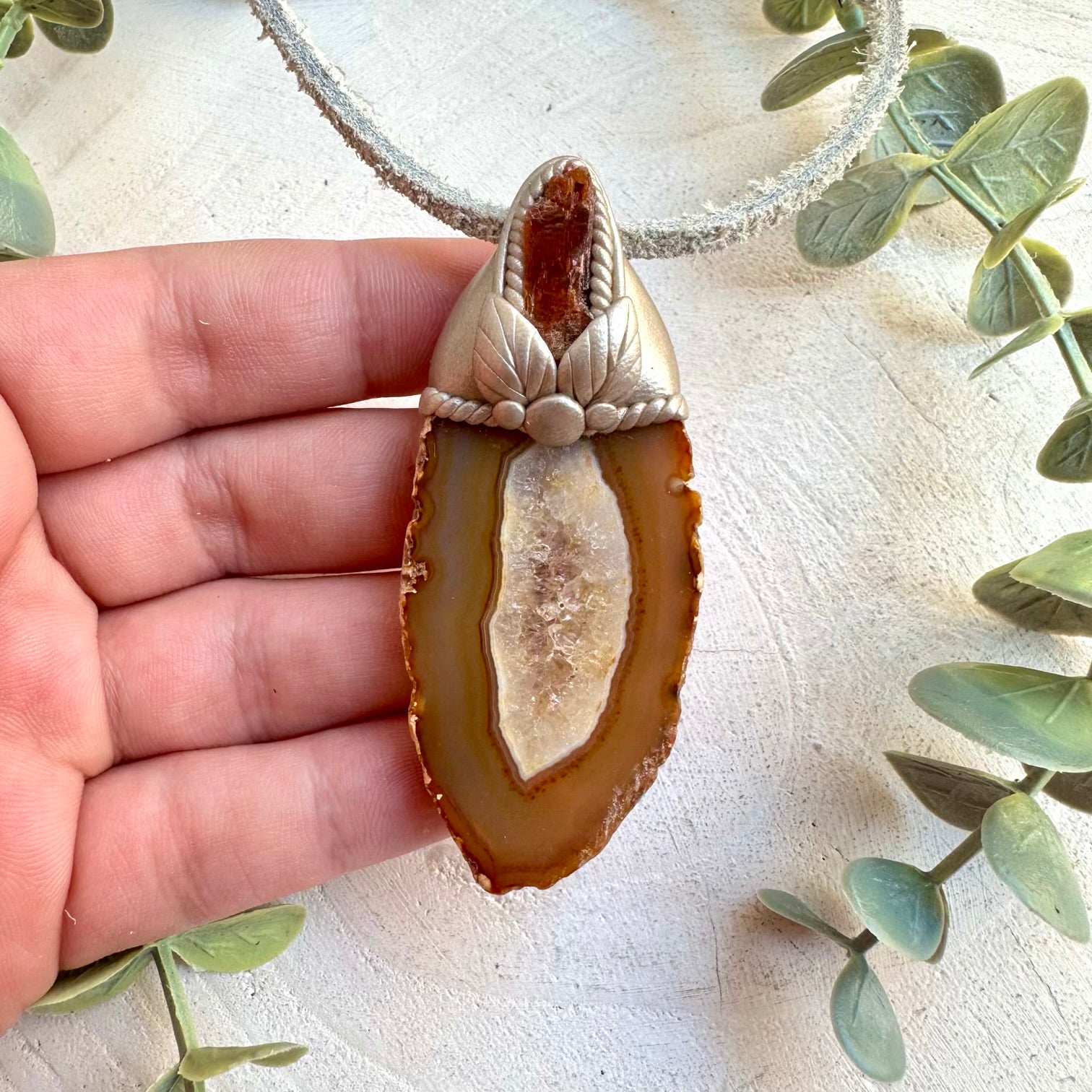 Healing crystal necklace fantasy jewelry agate slice pendant design