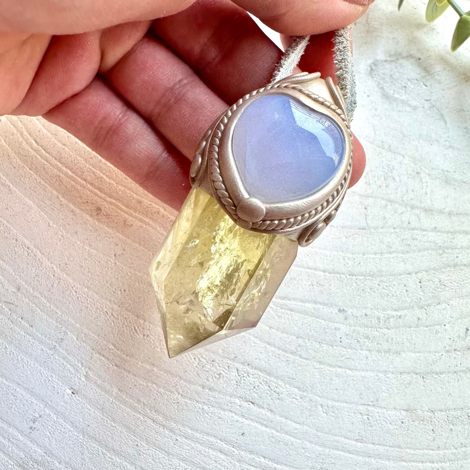 Metaphysical crystal jewelry handmade with natural citrine point and blue chalcedony heart