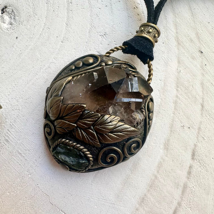Moldavite & Smoky Quartz Cluster Pendant Necklace – Metaphysical Healing Stone Jewelry