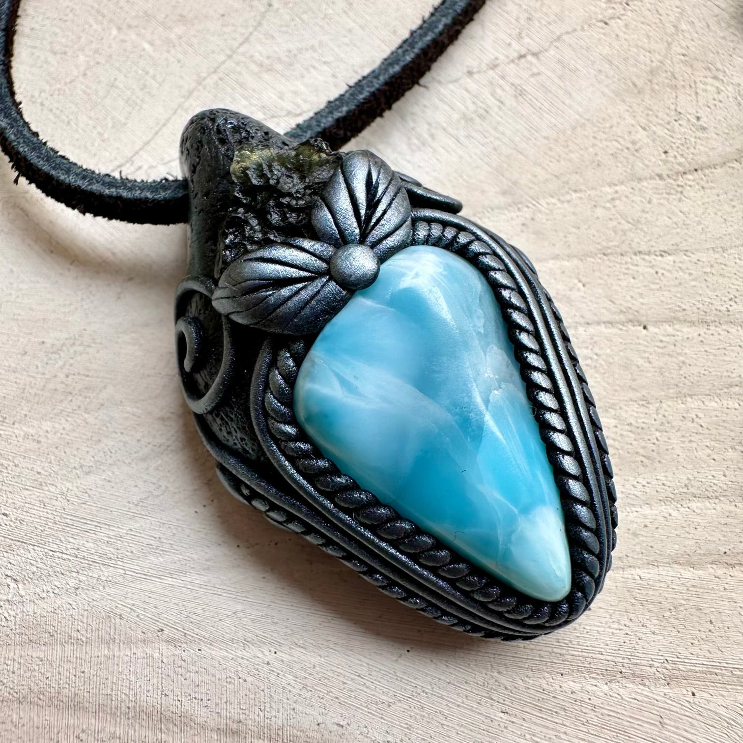 Moldavite and larimar healing crystal necklace