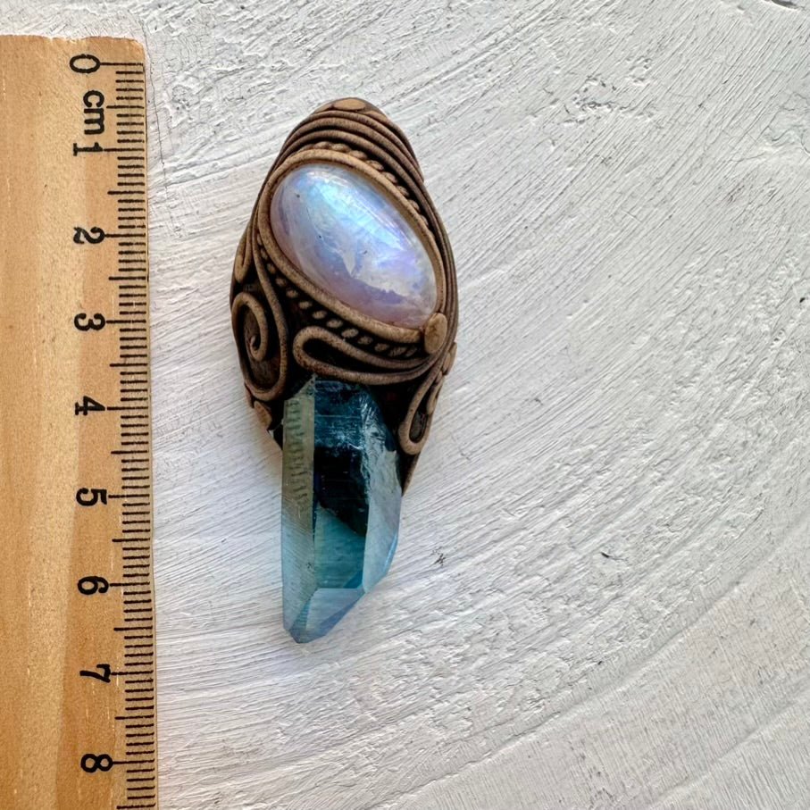 Rainbow Moonstone and Aqua Aura Quartz Necklace, Healing Crystal Jewelry - FairyGardenGlow