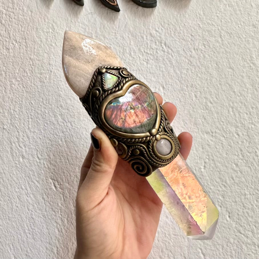 Mystical crystal wand with Angel Aura Quartz and Labradorite heart