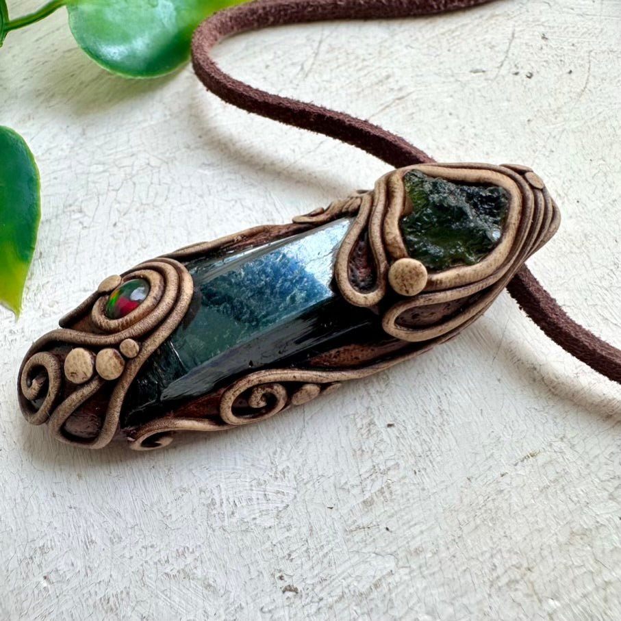 Vivianite Moldavite and Black Ethiopian Opal Pendant Necklace - FairyGardenGlow
