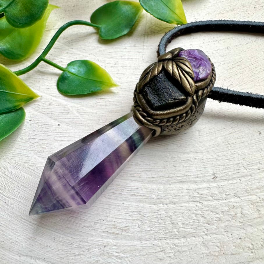 Natural Fluorite point necklace with Charoite and Moldavite