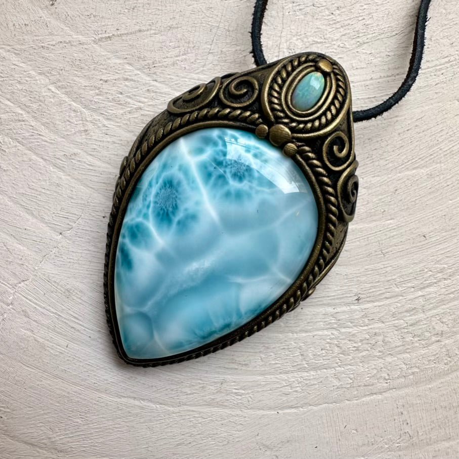 Large Larimar and Australian Opal Crystal Necklace, Unique Gemstone Pendant FairyGardenGlow