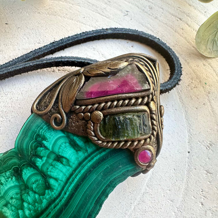 Natural crystal necklace with malachite and watermelon tourmaline
