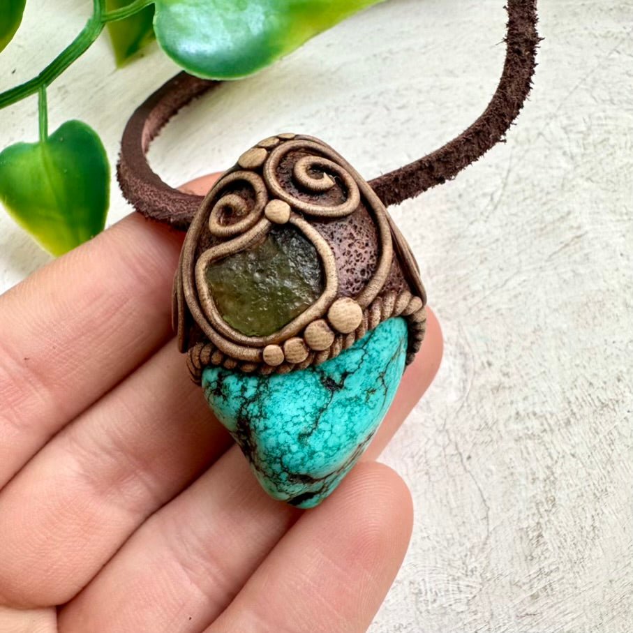 Turquoise and Moldavite Necklace, Handmade Unisex Pendant - FairyGardenGlow