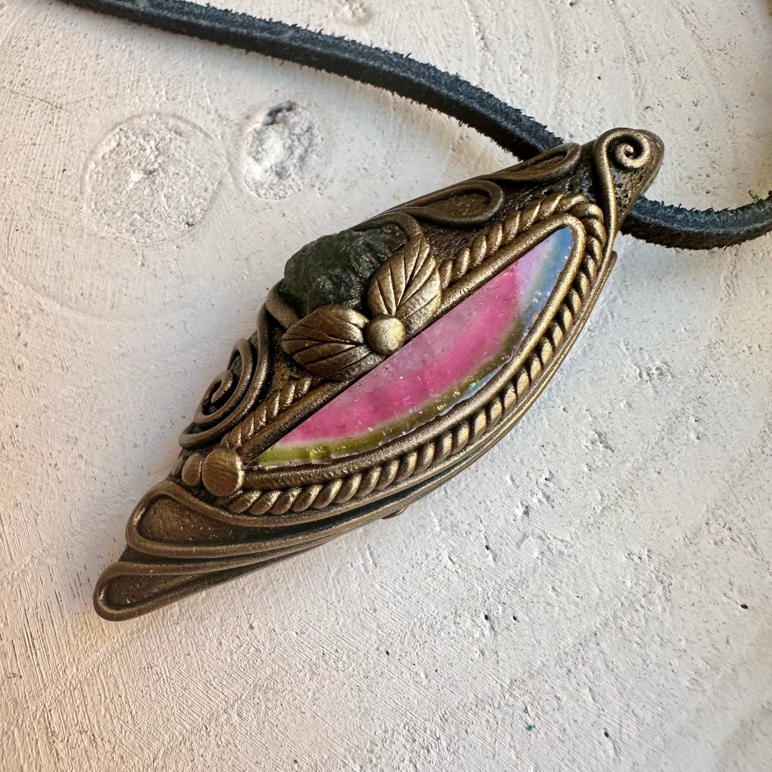 Natural crystal pendant with watermelon tourmaline and moldavite