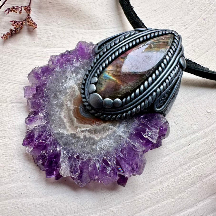 Natural deep purple Amethyst Stalactite pendant with Labradorite