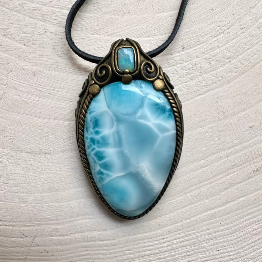 Large Larimar and Australian Opal Crystal Necklace, Unique Gemstone Jewelry FairyGardenGlow