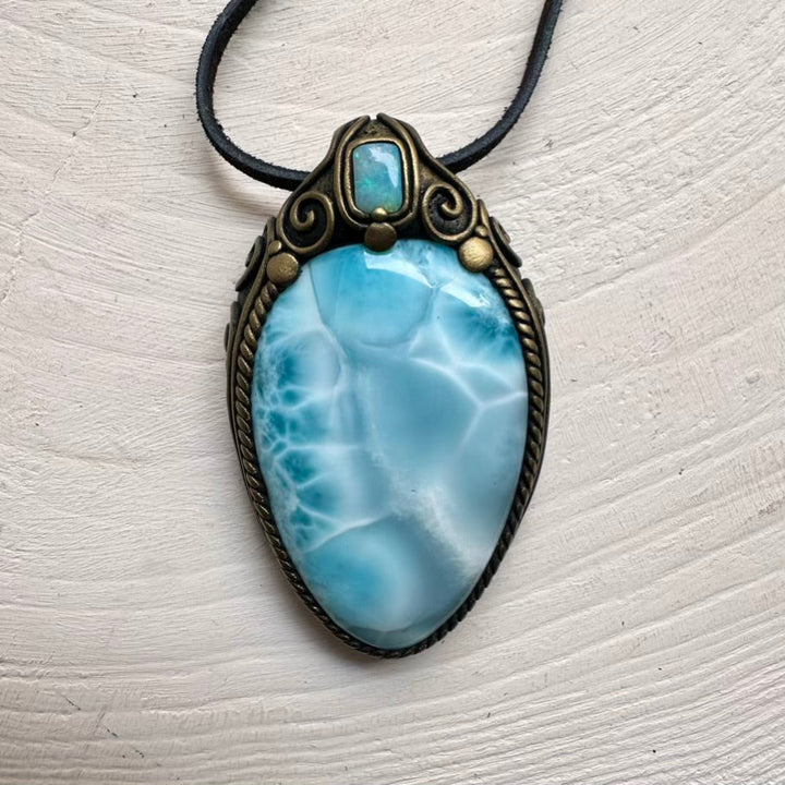 Large Larimar and Australian Opal Crystal Necklace, Unique Gemstone Jewelry FairyGardenGlow