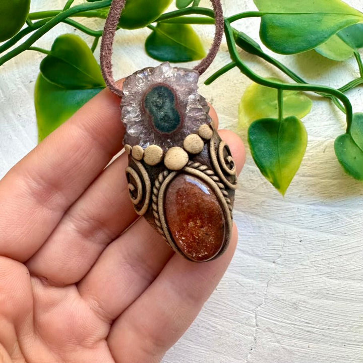 Sunstone and Amethyst Stalactite Pendant Necklace, Handmade Boho Jewelry - FairyGardenGlow